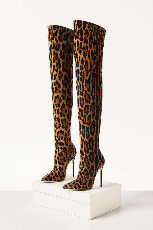 Hottie Leopard Print Pointed Toe Stiletto Over-The-Knee Boots